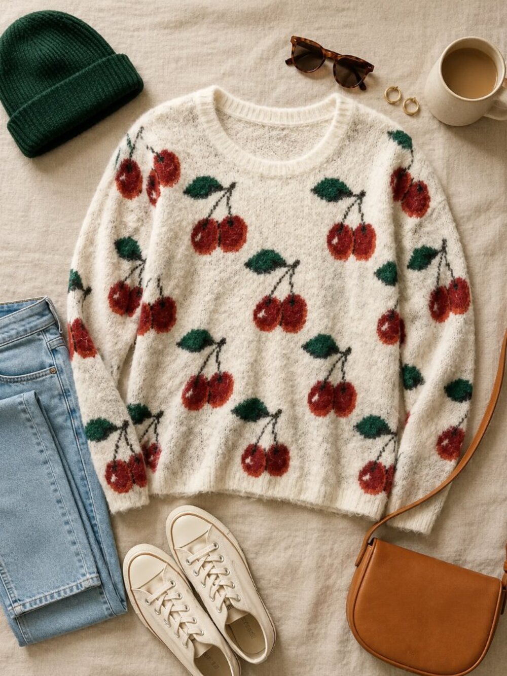 Shrinking violet sweater cherry white fluffy soft SZ XS Whimsical Cozy Casual